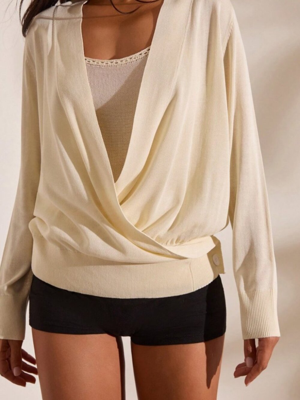 Cream Knit Surplice Wrap Cardigan Sweater Deep V Neck